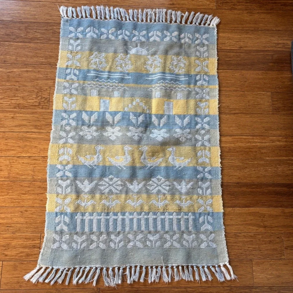 Vintage Folk Art Handwoven Rug | Blue, Yellow, Ducks | 26x40 + Fringe
